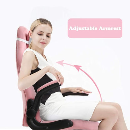 Gaming Chair Office Chair Desk Chair with Lumbar Support Flip Up Arms Headrest Swivel Rolling Adjustable PU Leather Racing Computer Chair for Girls,Pink