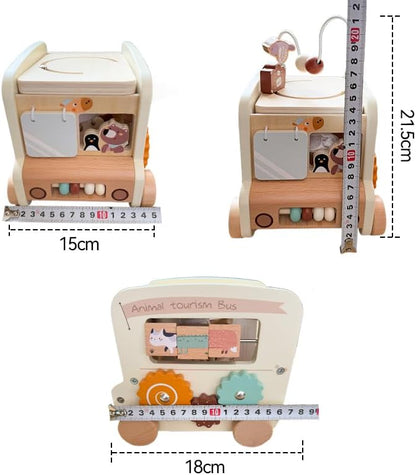 Wooden Activity Cube 8-in-1 Montessori Toys | Multifunctional Early Educational Learning Toys | Activity Cube for Baby Shape Sorter Xylophone Animal Travel Bus Toys Boy Girl Birthday Gift（Beige Bus）