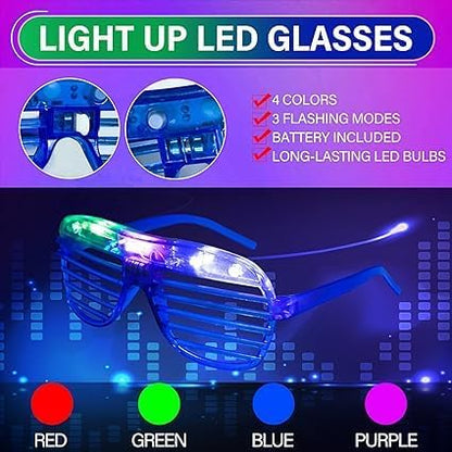 60pcs LED Light Up Toys Party Favours Glow in the Dark Party Supplies for Kid/Adults Halloween with 40 Finger Lights, 6 Jelly Rings,4 Flashing Glasses, 4 Glow