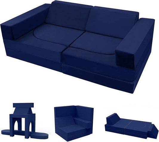 MeMoreCool Modular Kids Play Couch, 10 Piece Foam Lounge Sofa for Playroom, Large Toddler Bed and Block Couch for Boys, Navy