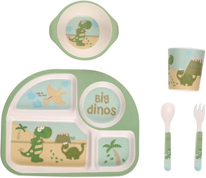 Kids Dinnerware Set Bamboo 5 Pcs Plate Bowl Cup Fork Spoon (Dinosaur)
