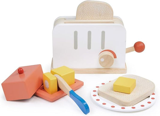Mentari Toys - Rise & Shine Toaster Set - 10pc Wooden Toaster Toy with Pretend Play Food Accessories - Kids Role Play Kitchen/Cafe Toy - Improves Motor Skills - Sparks Creativity - Age 3+
