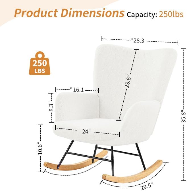 VECELO Nursery Rocking Chair Teddy Upholstered Modern Glider Rocker Padded with High Backrest Armchair Comfy Side Pocket for Living Room Bedroom Balcony Offices, White