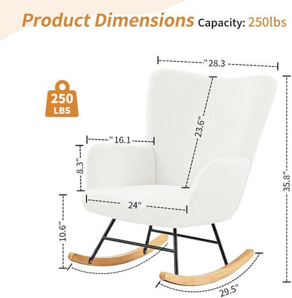 VECELO Nursery Rocking Chair Teddy Upholstered Modern Glider Rocker Padded with High Backrest Armchair Comfy Side Pocket for Living Room Bedroom Balcony Offices, White
