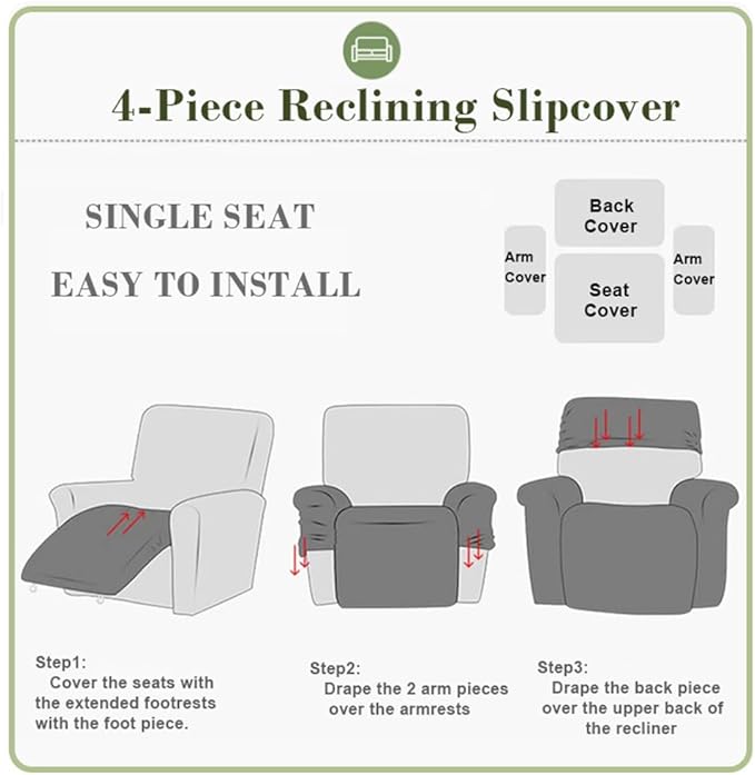 vctops 4 Pieces Jacquard Plush Recliner Slipcovers Stretch Soft Sofa Couch Cover Anti-Slip Solid Color Furniture Protector with Elastic Bottom for Kids Cats Dogs (Light Grey,1 Seat)
