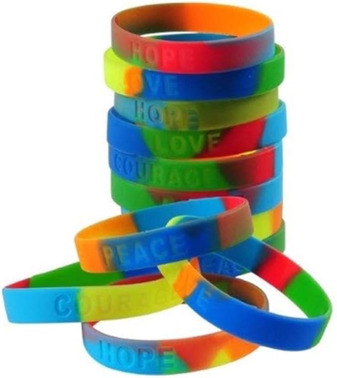 Assorted Sayings Rainbow Stretchy Rubber Band Bracelets (12)