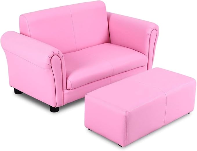 Costzon Kids Couch with Footstool, 2 in 1 Double Seat Children's Sofa w/PU Leather Surface, Armrest Chair Lounge, Soft Kids Sofa for Preschool Bedroom Kids Room Toddlers Boys Girls Birthday (Pink)
