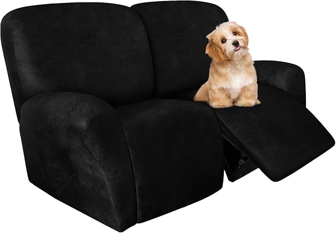 molasofa Loveseat Recliner Slipcover - 6 Pieces Stretch Leather Like Recliner Sofa Cover for 2 Seat Dual Reclining Loveseat Couch Furniture Protector with Elastic Bottom (Black)