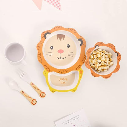 Kids Dinnerware Set Bamboo 5 Pcs with Plate Bowl Cup Fork Spoon (Lion)