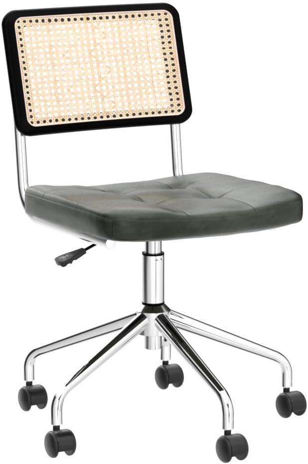 Zesthouse Mid Century Home Office Chair, Armless Desk Chair with Rattan Back, Adjustable Height Task Chair Vanity Chair for Girls Women, Upholstered Swivel Chair, Green Faux Leather