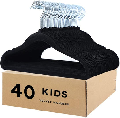Kids Velvet Clothes Hangers, Non Slip Baby Hangers Black (11.6" Inch - 40 Pack)