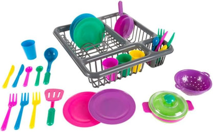 Hey! Play! Kids Play Dish Set, 27 Piece Tableware Dish Set with Drainer – for Kitchen Playset and Pretend Food, Toys for Boys and Girls