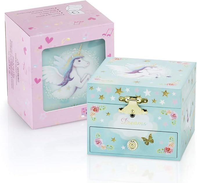 RR ROUND RICH DESIGN Kids Musical Jewelry Box for Girls with Drawer and Jewelry Set with Magical Unicorn - Blue Danube Tune Blue