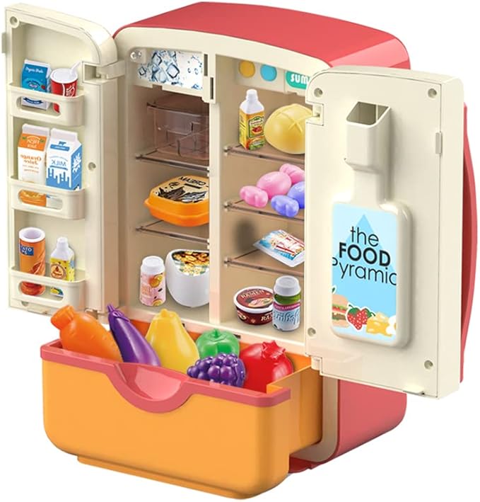 Kitchen Toys Fridge Refrigerator with Ice Dispenser Pretend Play Appliance for Kids, Play Kitchen Set with Kitchen Playset Accessories for Boys & Girls Music and Light