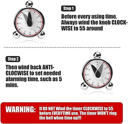 Kitchen Timer for Cooking, Countdown Loud Alarm Clock, Wind Up 60 Minutes, for Kids Classroom Teachers Meeting Management Teaching (Silver)