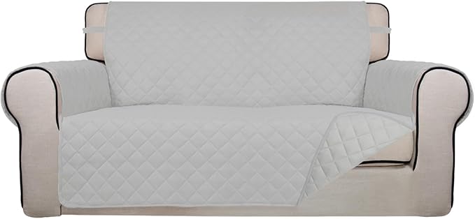 PureFit Reversible Quilted Sofa Cover, Water Resistant Furniture Protector, Washable Couch Cover with Non Slip and Elastic Straps for Kids, Dogs, Pets (Oversized Loveseat, Light Gray/Light Gray)