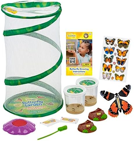 Insect Lore Butterfly Garden 8" Habitat Gift Set | 10 Live Baby Painted Lady Caterpillars | Includes Caterpillars, Food, 3D Butterfly Stickers and Butterfly Wind-up Toy