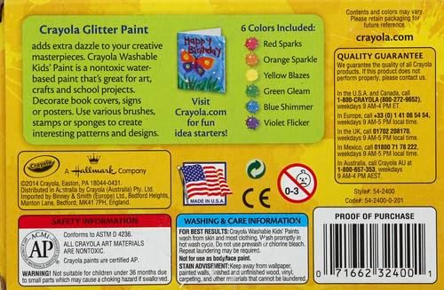 Crayola Washable Glitter Paint Great for Classroom Projects, 6 Count