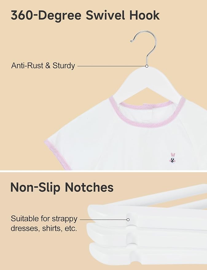 StorageWorks Baby Clothes Hangers, Kids Wooden Hangers with Pant Bar, 20-Pack Natural Wood Hangers for Toddler, Children's Coat Hangers for Closet, Solid Maple Wood Baby Hangers, White