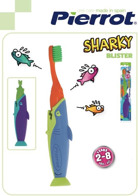 Pierrot Sharky Kids Toothbrush – Soft Bristles for Toddlers and Kids, Shark Handle with Suction Base and Cap, Easy-Grip Child-Friendly Toothbrush for Ages 2-8, Gentle Brushing, Pack of 2