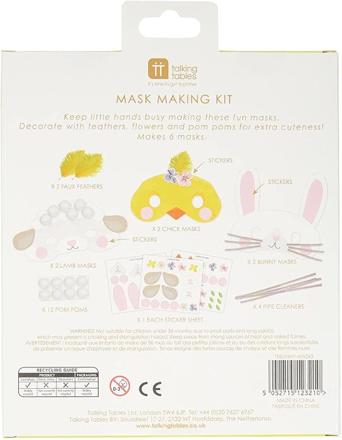 Talking Tables Easter Mask Making Craft Kit for Kids - Pack of 6 | Children Art Supplies, Fun Activities, Decorate for an Egg Hunt, Parade, Creative Gift (TSBUNNY-Masks)