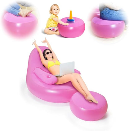 Nevife Inflatable Lounge Chair with Ottoman & Cup Holder, Portable Blow Up Sofa, Air Chaise Lounge,Lazy Couch for Camping,Gaming,Lunch Break,Garden,Party,Enjoy Sunbathing (Pump Not Incl.)-Pink