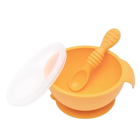 Bumkins Baby Bowl, Silicone Feeding Set with Suction for Baby and Toddler, Includes Spoon and Lid, First Feeding Set, Training Essentials for Baby Led Weaning for Babies 4 Months Up, Tangerine