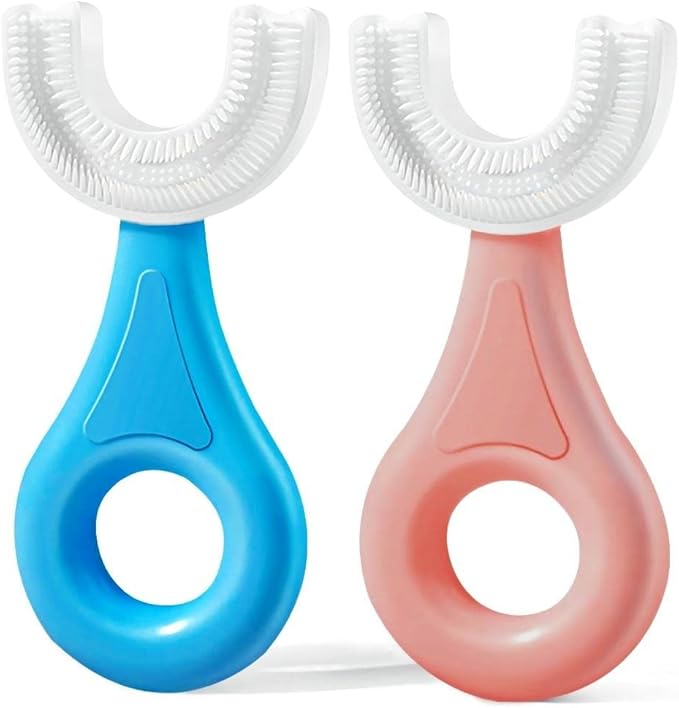 YOTEE U-Shaped Toothbrush Kids 2 PCS - Toddler Toothbrush with Food Grade Soft Silicone Brush Head, Manual Whole Mouth Toothbrush for Kids Age 2-6(Blue+Pink), 360° Oral Teeth Cleaning Design