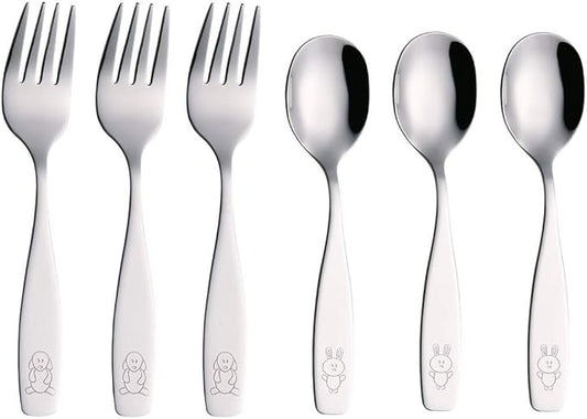 ANNOVA Kids Silverware 6 Pieces Children's Safe Flatware Set Stainless Steel - 3 x Forks, 3 x Children Dinner Spoons, Toddler Utensils, Metal Cutlery Set for LunchBox (Engraved Dog Bunny)