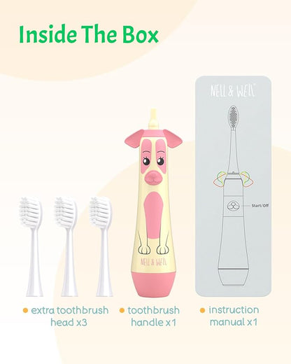NELL&WELL Kids Electric Toothbrush, 2-Min Timer, 3 Modes with Memory, IPX 7 Waterproof, Battery Powered Kids Toothbrush with 3 Soft Bristles Heads for Children Boys and Girls Ages 3+…