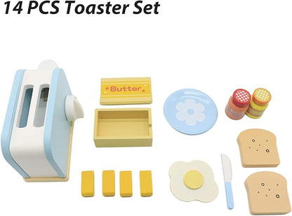 Wooden Kitchen Toy, Pop-Up Bread and Butter Toaster Set, Play Bread Maker Kitchen Accessories Birthday Gift for Ages 3 4 5 6 7 Boys Girls, Early Education Kitchen Pretend Games for Kids, 14 Pieces
