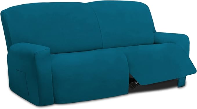 Easy-Going Oversized 6 Pieces Microfiber Stretch Sectional Recliner Loveseat Sofa Slipcover Soft Fitted Fleece 2 Seats Couch Cover Washable Furniture Protector with Elasticity for Pet Peacock Blue