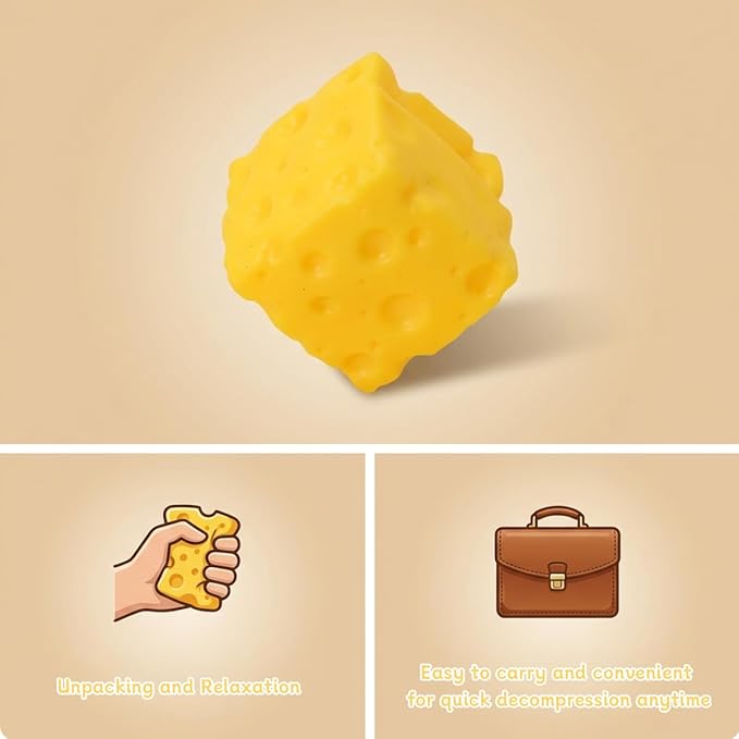 Yellow Cheese Squeeze Toy, Soft Rebound Squishy Cheese Cube, Food Theme Fidget Toy for Stress Relief & Relaxation, Portable Sensory Squishy Stress Ball for Adults, 2 Pack