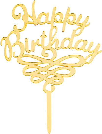Restaurantware Top Cake Happy Birthday Cake Topper 1 Mirrored Birthday Cake Decoration - With Swirls Durable Gold Acrylic Birthday Topper For Cakes Party Decoration for Birthday