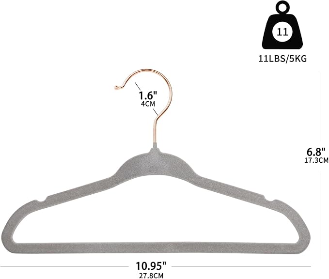 ManGotree Baby Velvet Hangers with 360° Swivel Rose Gold Hook, 10.95" Non-Slip Toddler Hangers, Ultra Thin Space Saving Infant Hangers for Kids Clothes, 15 Pack (Gray)