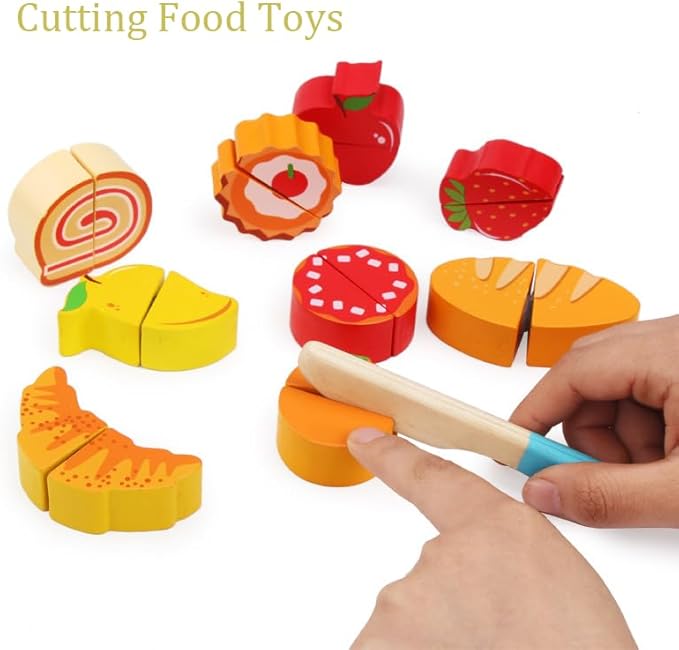 Wooden Play Food Set , Play Kitchen Food with Cutting Food Toys, Pretend Play Toy, for Toddlers Boys and Girls, Aged 3 4 5 6 (Dessert and Fruits Shop)