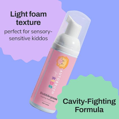 autobrush Kids Fluoride-Free Foaming Toothpaste Bubblegum Flavor for Electric or U-Shaped Toothbrush, SLS-Free, Training Toothpaste, Anti-Cavity (2 Pack)