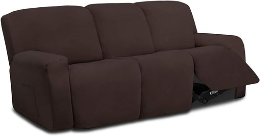 Easy-Going 8 Pieces Microfiber Stretch Sectional Recliner Sofa Slipcover Soft Fitted Fleece 3 Seats Couch Cover Washable Furniture Protector with Elasticity for Kids Pet(Recliner Sofa, Chocolate)
