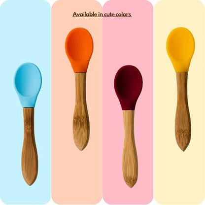 Babynow Bamboo Baby Spoons Self-Feeding Supplies for 6+ Months Babies & Toddlers in Bamboo & Soft Tip Designs BURGUNDY Pack of 2