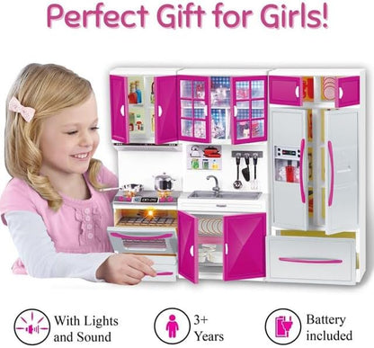 Liberty Imports Doll Kitchen Playset for Kids, My Modern Mini Kitchen House Furniture Pretend Play Toy Accessories Set with Realistic Lights & Sounds for Toddlers, Girls (3-in-1)