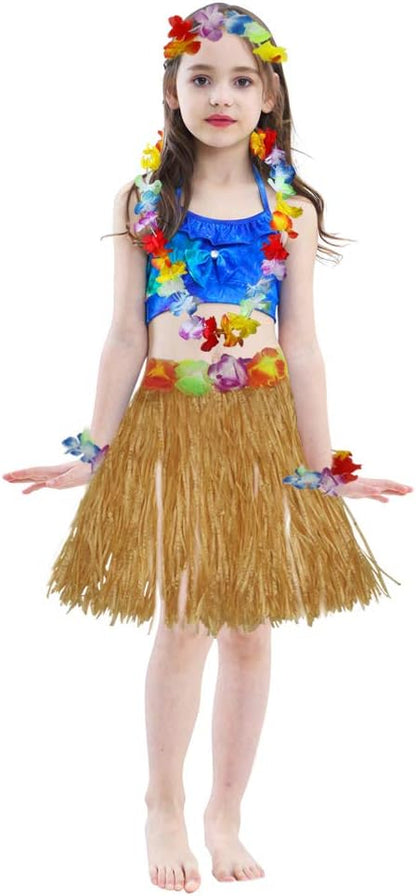 40cm Performance grass skirt with flowers bracelets headband necklace Hula set Gold