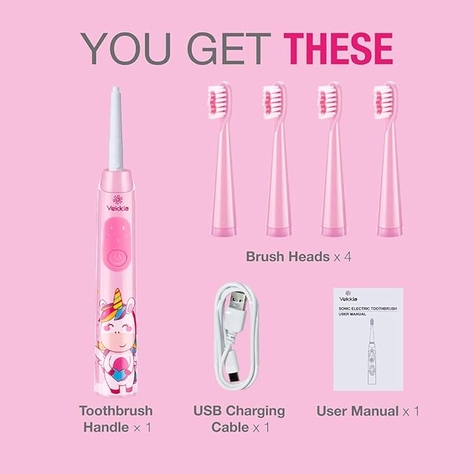 Vekkia Sonic Rechargeable Kids Electric Toothbrush, 3 Modes with Memory, Fun & Easy Cleaning, 24000 Strokes, IPX7 Waterproof, 2-Min Timer for Age 5+, 4 Soft Bristles(Pink)