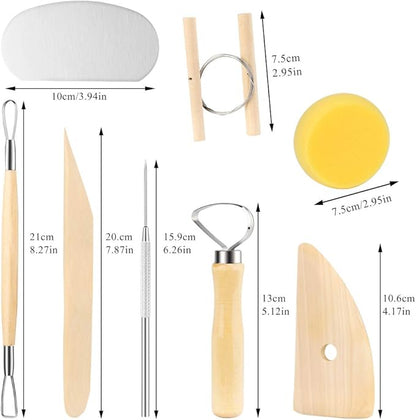 8 Pieces Wooden Pottery Sculpting Clay Cleaning Tool Set, Includes Clay Cutting, Modeling, Trimming Tools, for Beginner Level Pottery and Smoothing, Cleaning, Carving, Shaping and Sculpting