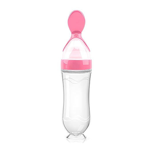 Baby Food Feeder Silicone Baby Food Dispensing Spoon-WAJIAYON, 3 oz Squeeze Feeding Spoons with Suction Cup for Boys Girl Kids Toddlers - Self Feeding Bottle Spoon-Pink