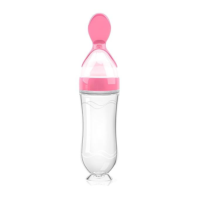 Baby Food Feeder Silicone Baby Food Dispensing Spoon-WAJIAYON, 3 oz Squeeze Feeding Spoons with Suction Cup for Boys Girl Kids Toddlers - Self Feeding Bottle Spoon-Pink