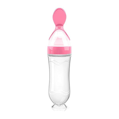 Baby Food Feeder Silicone Baby Food Dispensing Spoon-WAJIAYON, 3 oz Squeeze Feeding Spoons with Suction Cup for Boys Girl Kids Toddlers - Self Feeding Bottle Spoon-Pink