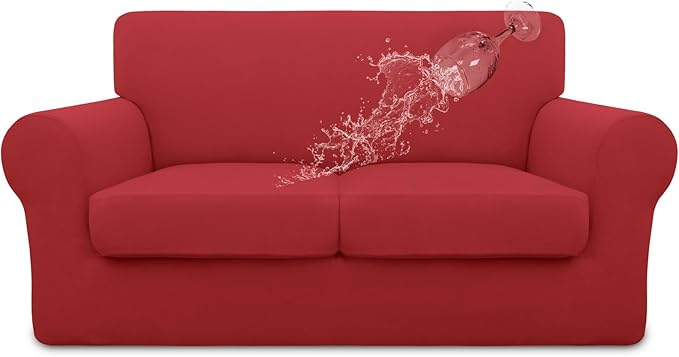Easy-Going 100% Dual Waterproof Loveseat Cover Stretch Soft Couch Cover for Dogs, Sofa Slipcover for 2 Separate Cushion Couch Leakproof Furniture Protector for Kids, Pets Christmas Red
