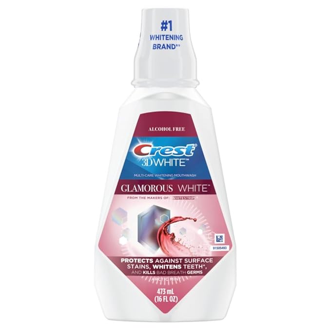 Crest 3D White Glamorous White Alcohol Free Multi-Care Whitening Mouthwash, Hydrogen Peroxide Mouthwash, Arctic Mint, 16 fl oz (473 mL) - Pack of 4, Crest Mouthwash