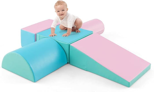 HONEY JOY 5-Piece Climb and Crawl Playset, Soft Climbing Foam Block Activity Play Structure Gym Equipment for Infant Baby, Color Coordination, Waterproof Indoor Climbing Toys for Toddlers (Green)