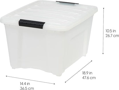 IRIS USA 32 Qt Stackable Plastic Storage Bins with Lids, 6 Pack - BPA-Free, Made in USA - Discreet Organizing Solution, Latches, Durable Nestable Containers, Secure Pull Handle - Pearl